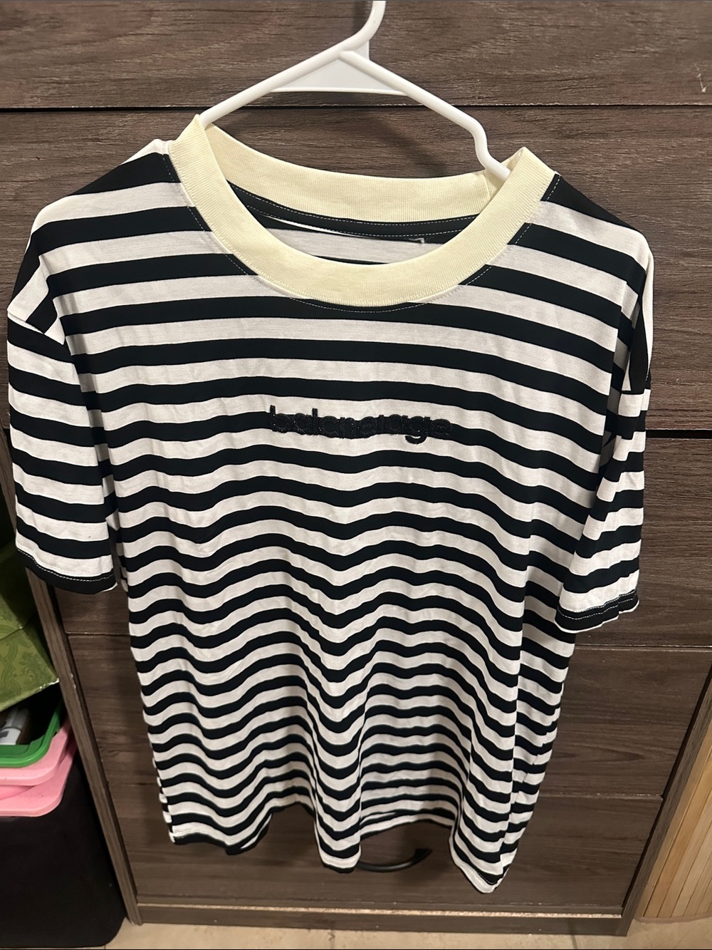 Striped Black & White Tee with Contrast Collar size L